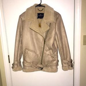 NWT American Eagle suede tan sherpa-lined moto jacket